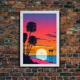 Framed Canvas Print - Art Deco Sunset, Beaches, Minimalist, Palmtrees, Retro Style, Synthwave, Vaporwave, 80s Style Decor, Palme Trees