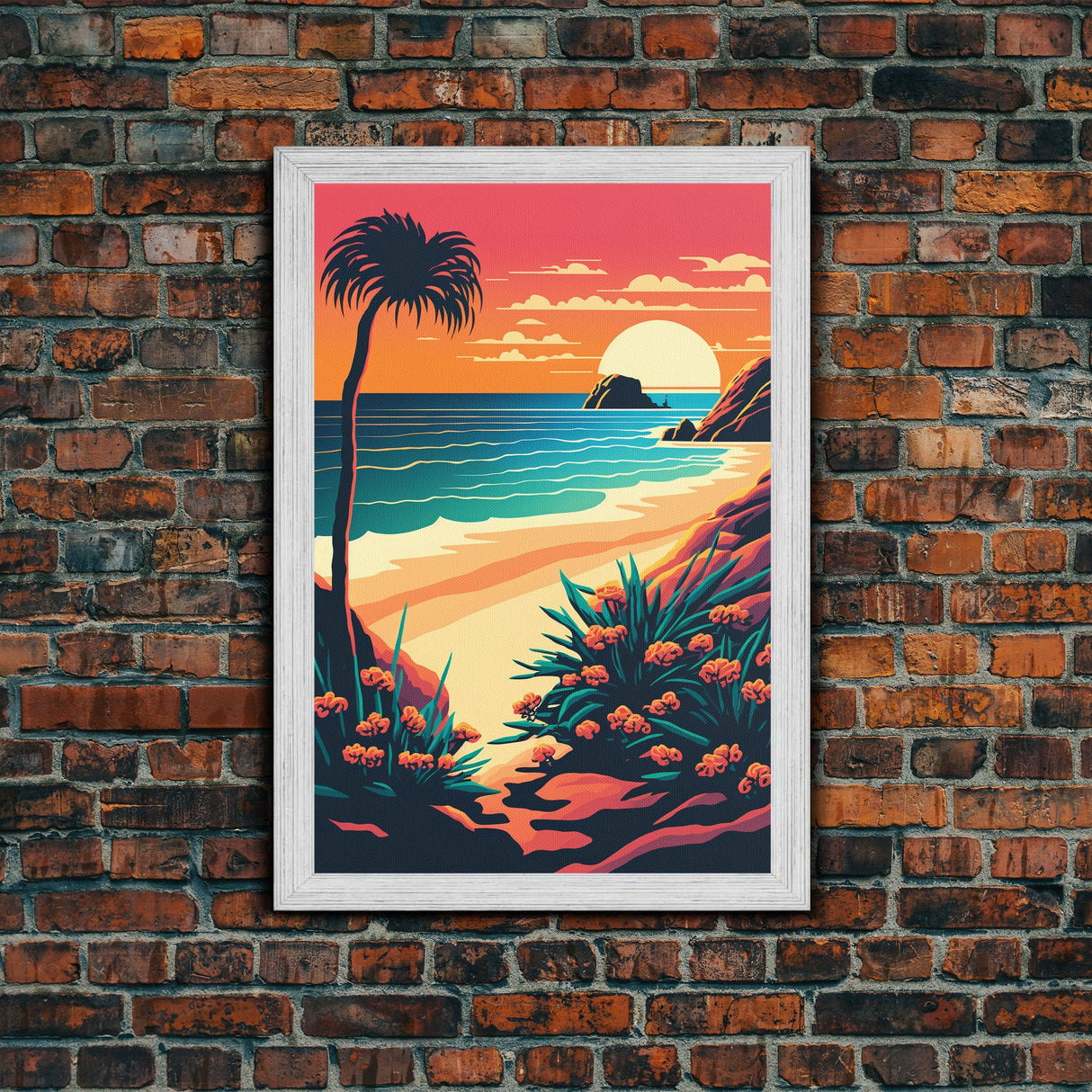 Framed Canvas Print | Art Deco Sunset, Beach, Palm Trees, Retro Style, Synthwave, Vaporwave, Island Vibes, Minimalist Beach Art