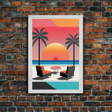 Framed Canvas Print - Art Deco Sunset, Minimalist Beach, Palm Trees, Retro Style, Synthwave, Vaporwave, Minimalist Abstract Decor