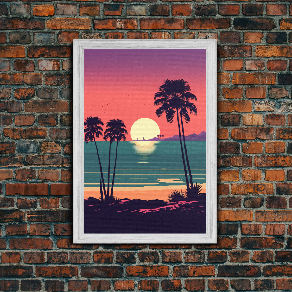 Framed Canvas Print - Art Deco Sunset, Palm Trees, Synthwave Vibes, Beach Decor, Vaporwave Pink Art, Miami Vibes