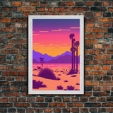 Retro Outrun Style Desert Landscape Print, Framed Canvas Art, Synthwave Style, Southwestern Decor, Western Art, Guest Room Decor