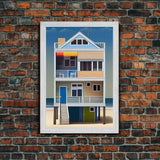 Whimsical Beach House Art, Framed Canvas Print, Cute Retro Beach House Painting, Wall Art