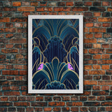 Midcentury Modern Wall art, Framed Canvas Print, Art Deco, Patterns art, Abstract nature, Blue & gold art, Lines art, Colorful painting