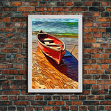 Abandoned Canoe On The Lake, Framed Canvas Print, Oil Painting Style, Abstract Wall Art, Lakehouse Wall Decor, Boho Art