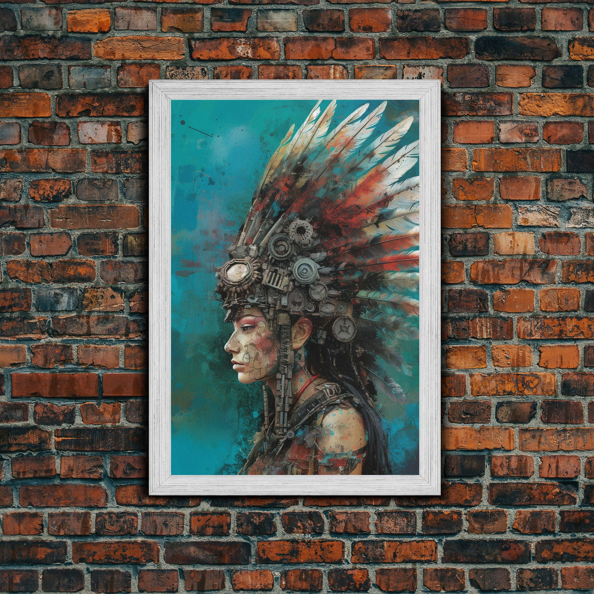 Steam Punk Native American Headdress, Framed Canvas Print, Abstract Art, Native American Futurism Art