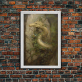 Majestic Green Dragon Wall Art, Framed Canvas Print, Dragon Fantasy Painting, Garden Dragon Abstract Fantasy Art