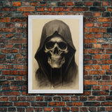 Cool Halloween Decor, Portrait Of The Grim Reaper, Spooky Halloween Art, Framed Canvas Print, Halloween Canvas Art