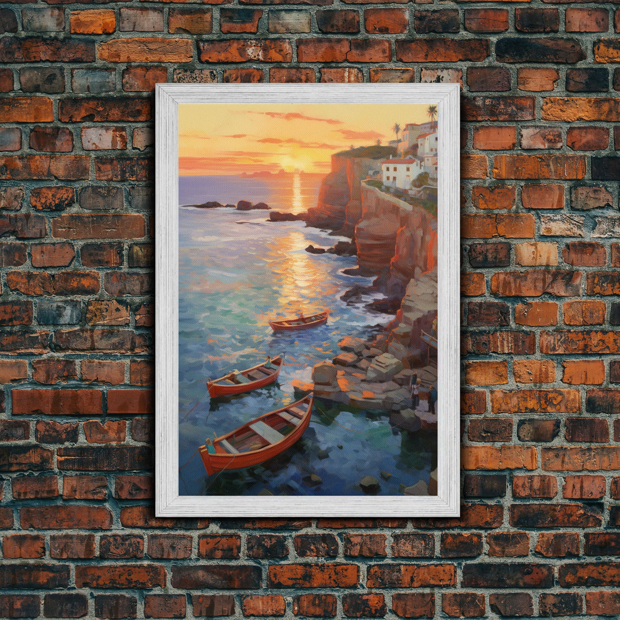 Seaside Town, Boat Wall Art, Ocean Print, Sunset Wall Art, Canvas Print, Wall Art, Vertical Art, Watercolor Art, Couple Gift, Travel Print