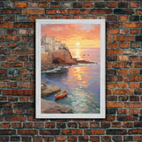 Watercolor Wall Art, Seaside Town, Boat Wall Art, Ocean Print, Sunset Wall Art, Canvas Print, Wall Art, Vertical Art, Teacher Gift, Home Art