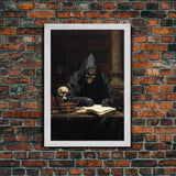 The Grim Reaper In His Study, Gothic Halloween Decor, Framed Canvas Print, Scary Horror Art, Goth Decor, Moody Oil Painting, Dark Academia