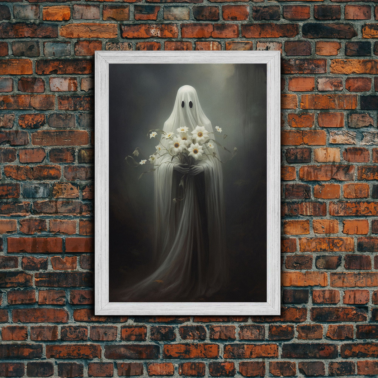 The Ghost With The Flowers, Gothic Halloween Decor, Framed Canvas Print, Scary Horror Art, Goth Decor, Moody Oil Painting, Dark Academia