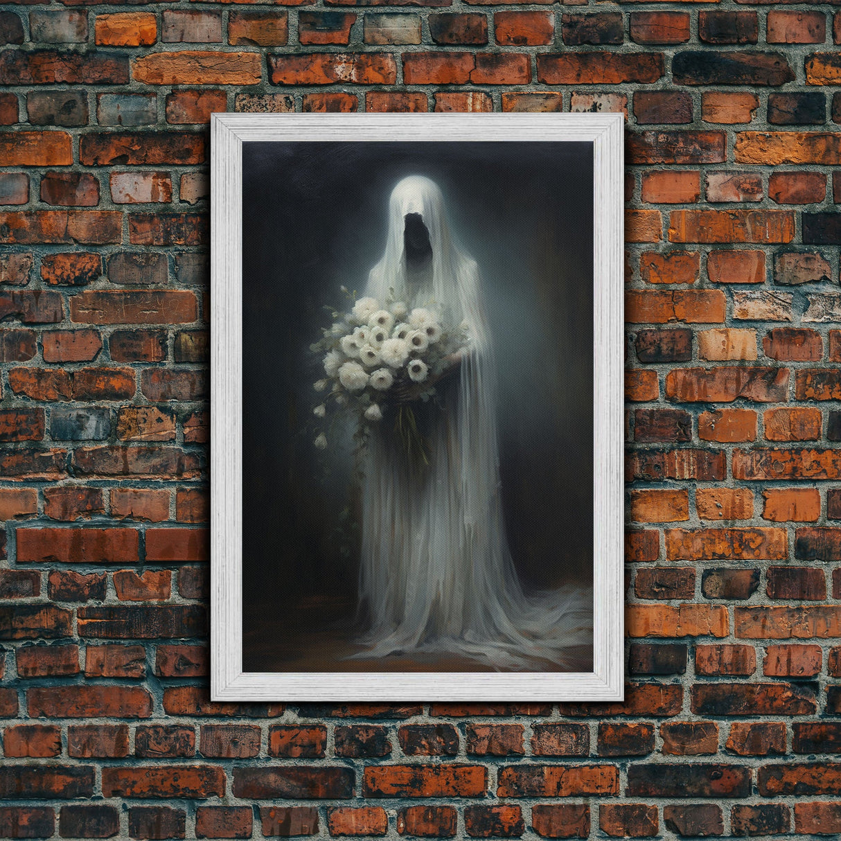 The Ghost With The Flowers, Halloween Canvas Print, Framed Canvas, Unique Wall Art, Goth Art, Dark Academia, Witch Art, Witchcraft