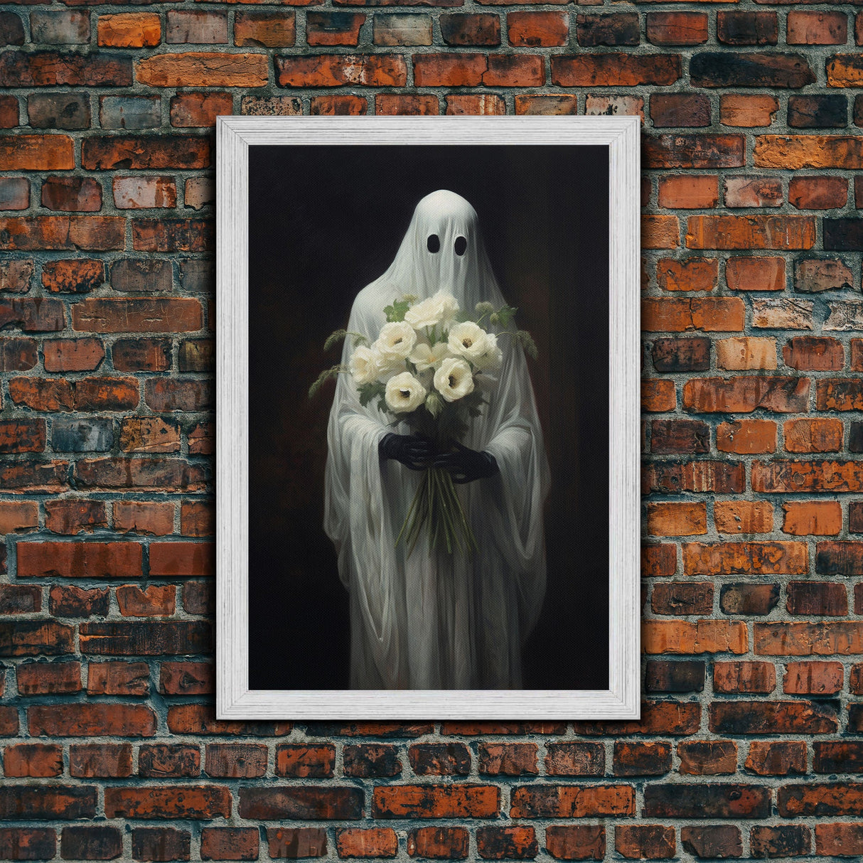 The Ghost With The Flowers, Halloween Canvas Print, Framed Canvas, Unique Wall Art, Goth Art, Dark Academia, Witch Art, Witchcraft