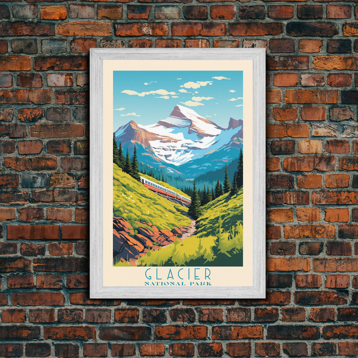 Glacier National Park Travel Poster Art, Canvas Print Wall Art, Montana Travel Art, Midcentury Modern Travel Decor, MCM Wall Art