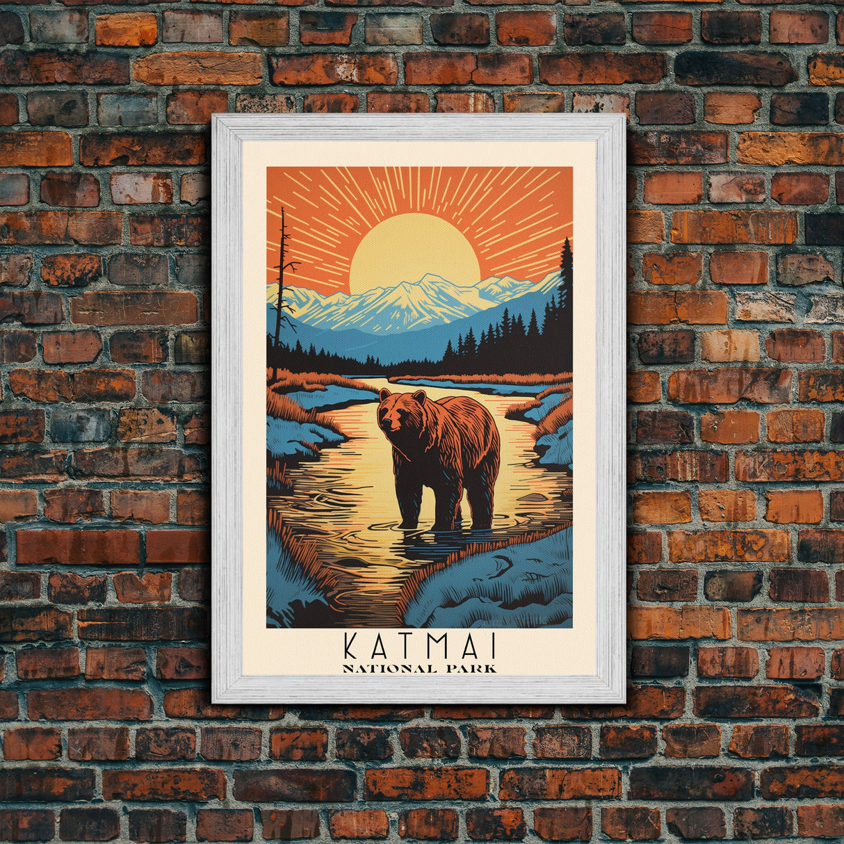 Katmai National Park, Alaska Travel Art, National Park Print, Minimalist Travel Art, Midcentury Modern Retro Style Landscape