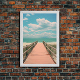 Beach Boardwalk, Vaporwave Summer Vibes, Framed Canvas Print, Retro Midcentury Modern Art, Liminal Art, Minimalist MCM Lakehouse Art