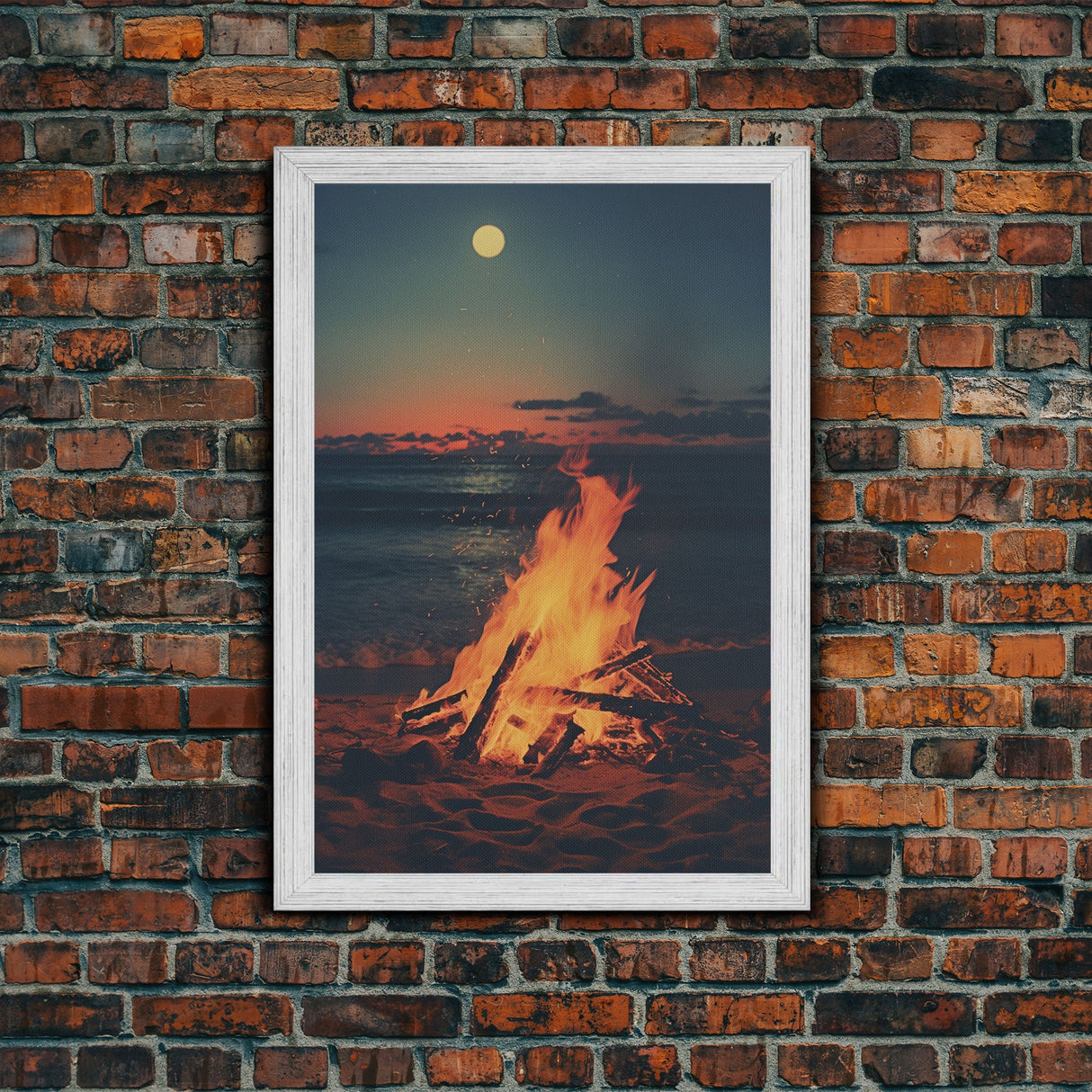 Beach Campfire Under A Full Moon, Photography Print, Framed Canvas Print, Beach House Decor, Coastal Decor, Beach Print, Beach Art