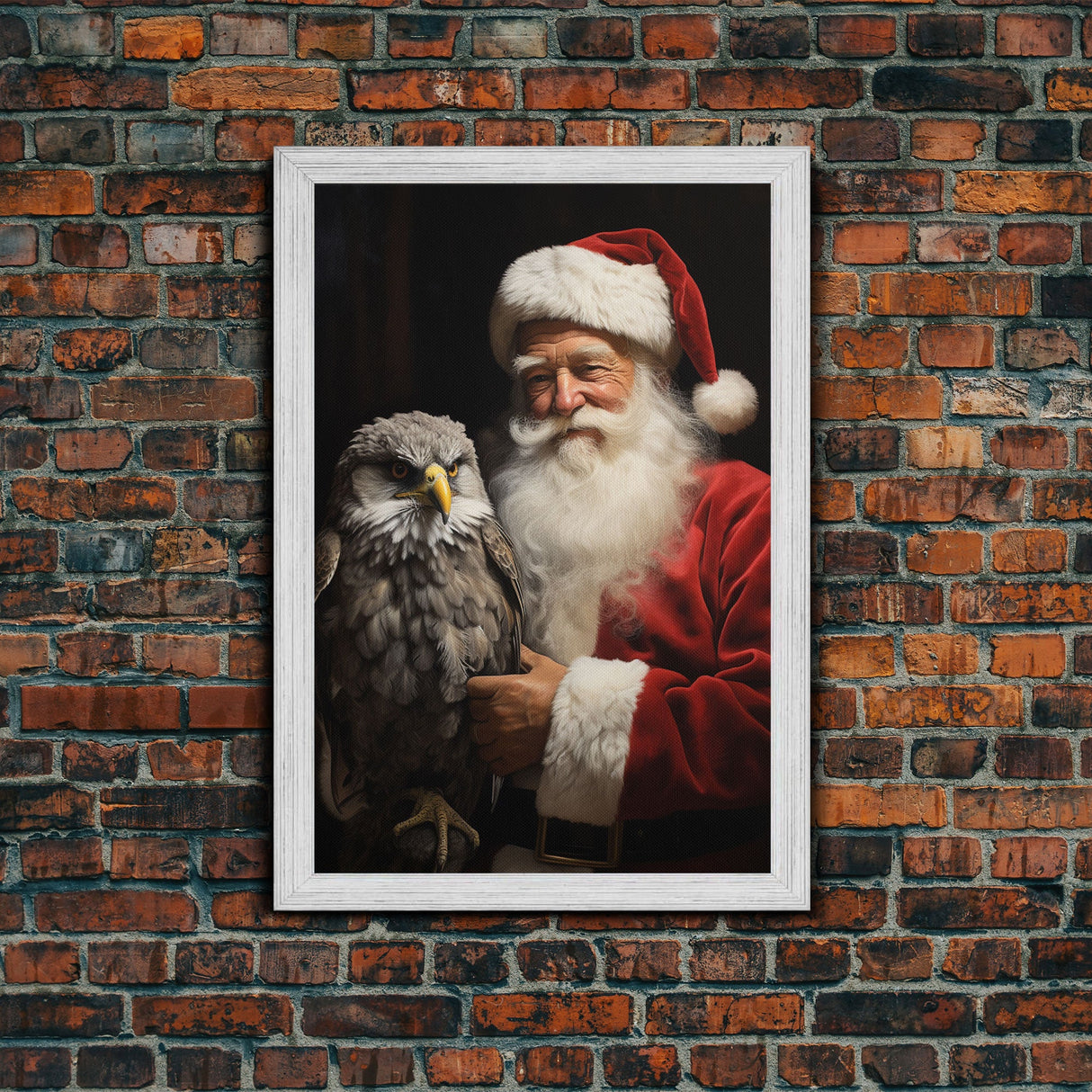 Santa Holding An Eagle, Framed Canvas Print, Christmas Wall Art, Xmas Art, Christmas Art Print, Santa Decor, Farmhouse Christmas Eagle Print