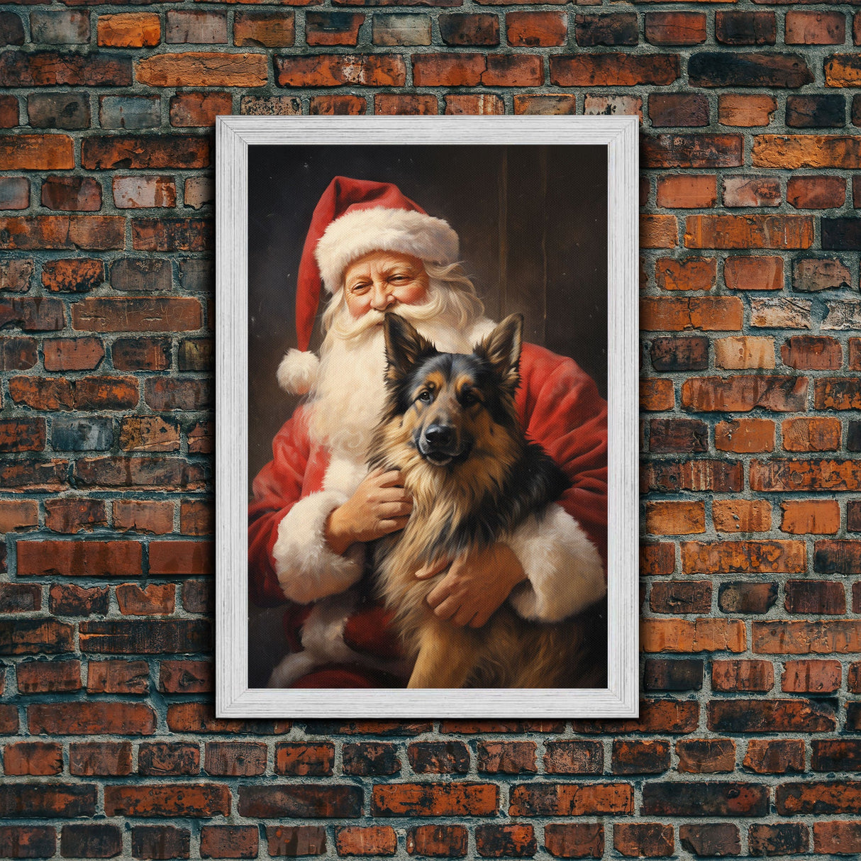 Santa Holding A German Shepherd, Framed Canvas Print, Christmas Wall Art, Xmas Art, Christmas Art Print, Santa Decor, Farmhouse Christmas