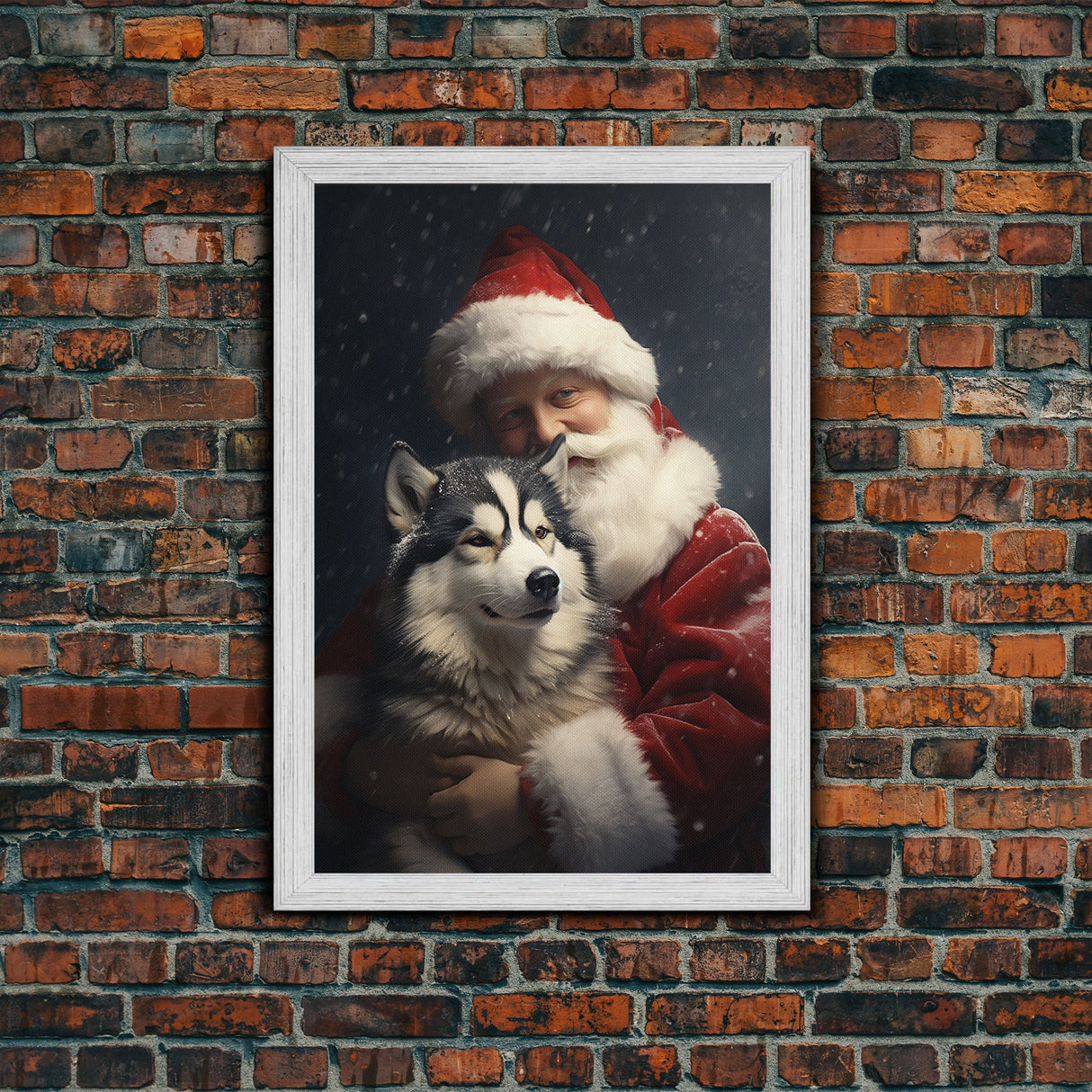 Santa Holding A Siberian Husky, Framed Canvas Print, Christmas Wall Art, Xmas Art, Christmas Art Print, Santa Decor, Farmhouse Christmas