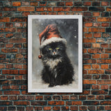 Black Christmas Cat Wearing A Santa Hat, Framed Canvas Print, Christmas Decor, Xmas Wall Art, Holiday Decor, Seasonal Wall Decor