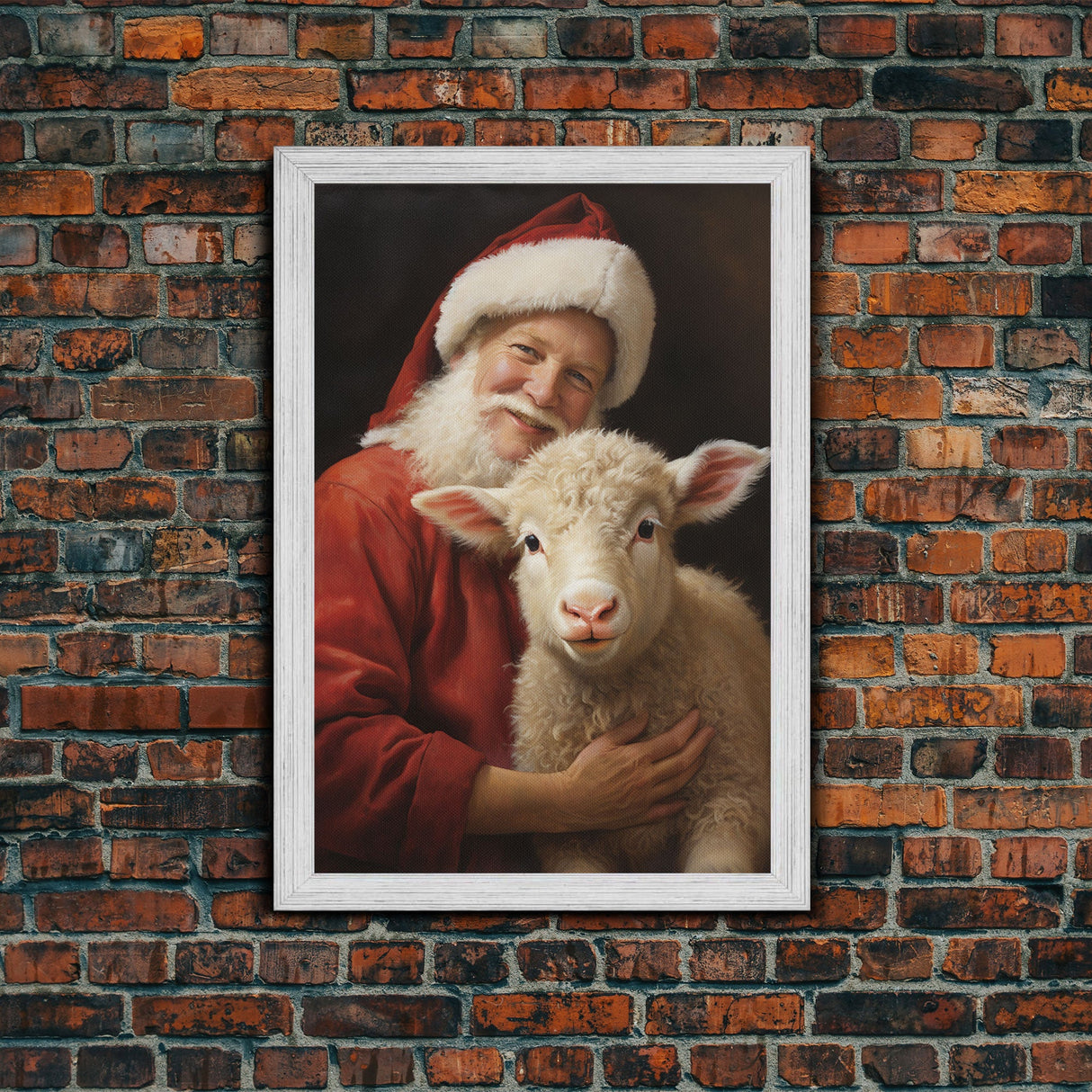 Farmhouse Christmas Decor, Santa And A Little Sheep, Framed Canvas Print, Christmas Wall Art, Xmas Art, Christmas Art Print, Santa Decor