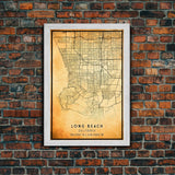 Long Beach map print poster or framed canvas | California map print poster canvas | Long Beach city map print poster canvas, distressed map