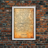 London UK map print poster or framed canvas, London map print poster canvas, London England city map print poster canvas, Vintage Travel Art