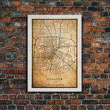 Houston Vintage Map Print, Framed Canvas, Houston Map, Texas Map Art, Houston City Road Map Poster, Vintage Map
