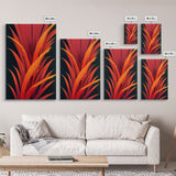 Red Ferns On A Black Background, Abstract Art, Framed Canvas Print, Ready To Hang Framed Wall Art, Living Room Wall Hanging