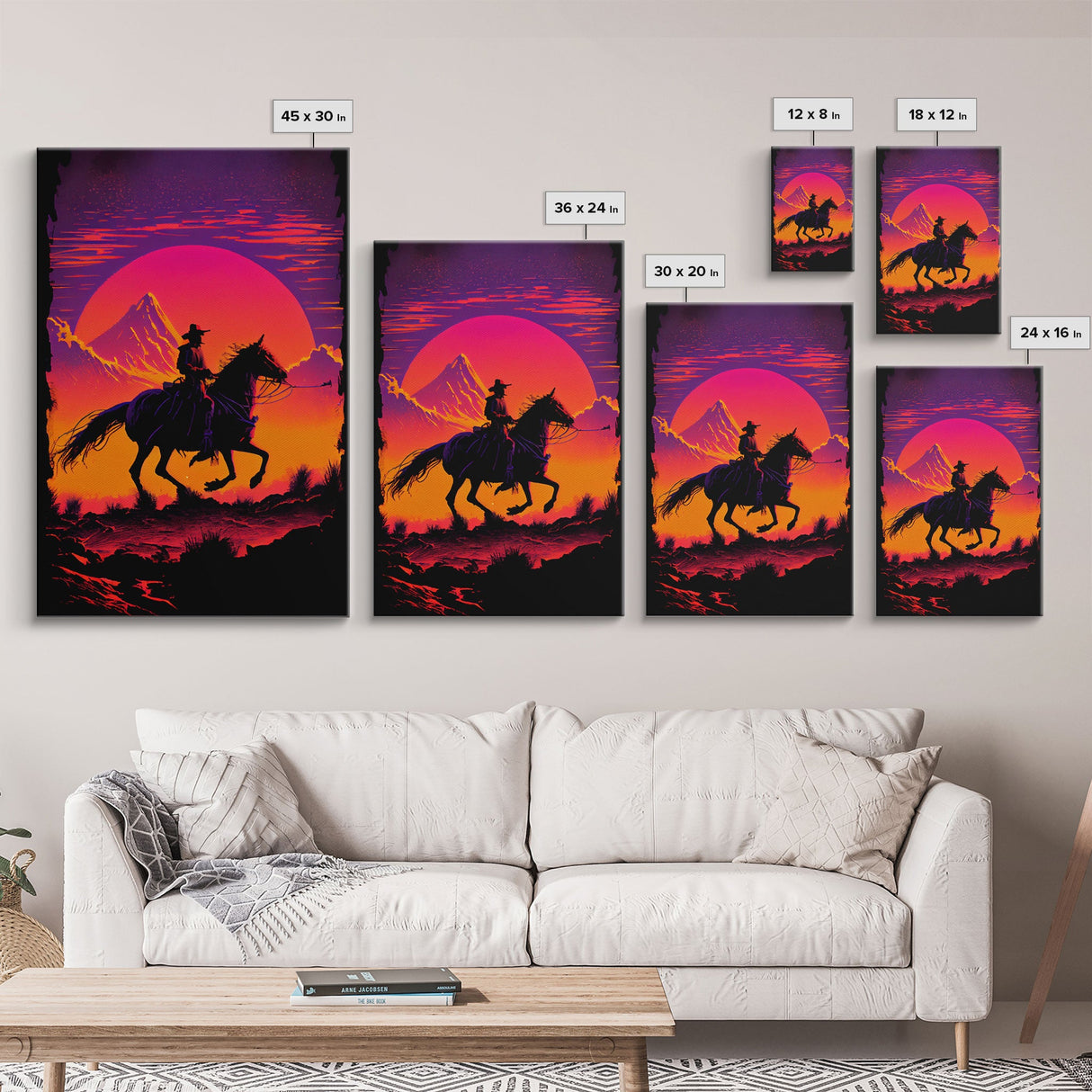 Outrun Style Wildwest Sunset Art, Framed canvas print, framed wall art, retro style western decor