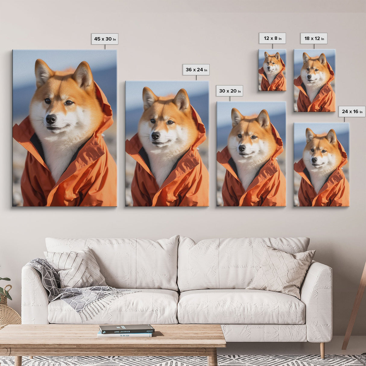 Shiba Inu Wall Print, Dog Wall Art, Animal Art, Orange Jacket, Funny Wall Art, Framed Wall Art, Framed Canvas, Wall Print, Wall Canvas