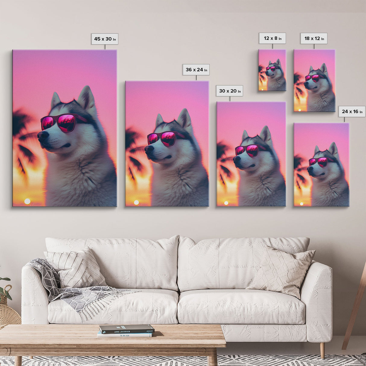 Siberian Husky In Pink Sunglasses Wall Print, Beach Art, Dog Print, Dog Portrait, Framed Wall Art, Framed Canvas, Wall Print, Wall Canvas