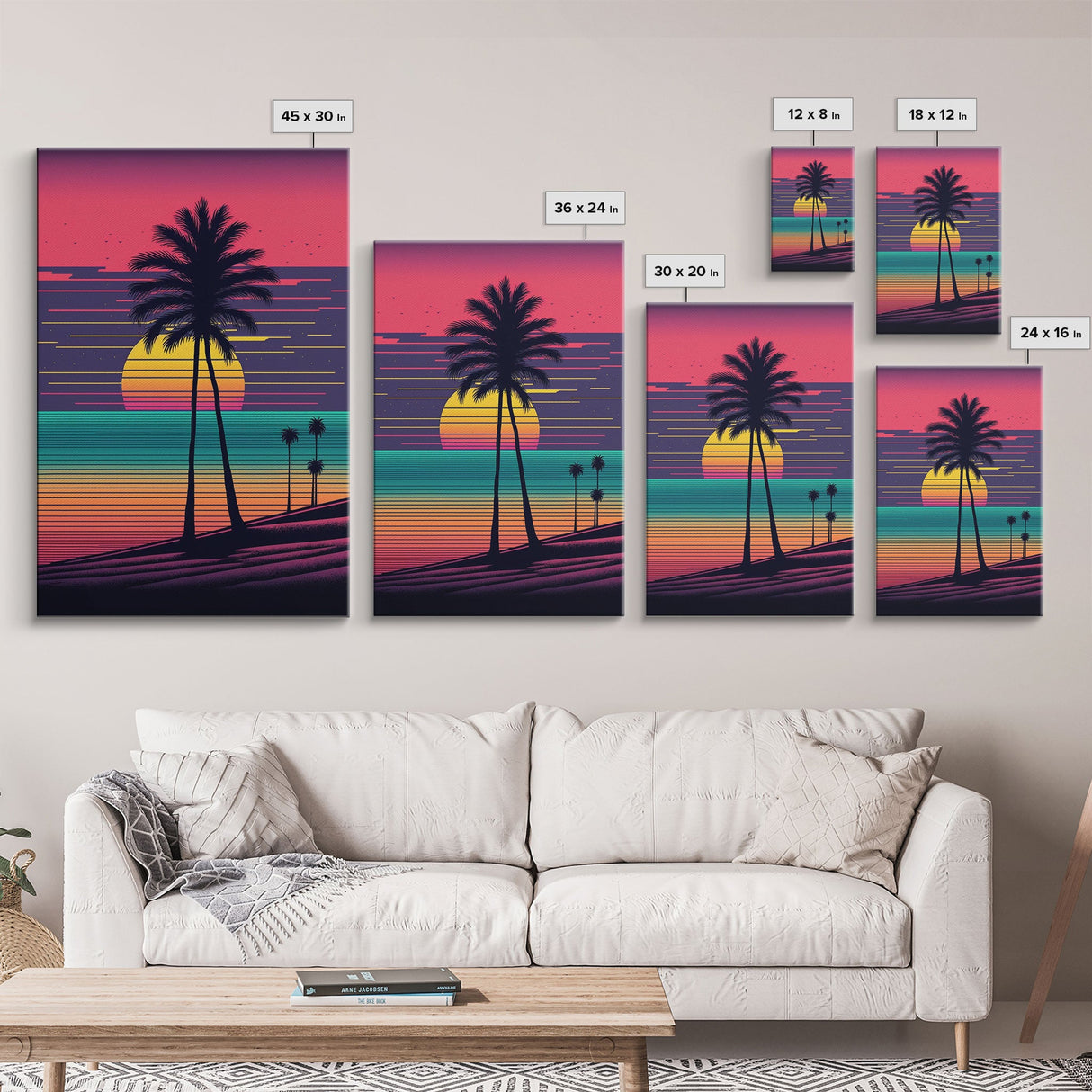 Framed Canvas Print | Art Deco Sunset, Beaches, Pop Art, Palm trees, Retro Style, Island Vibe | Vibrant and Colorful | Retro Style