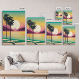 Framed Canvas Print - Art Deco Sunset Scene - Mountains, Palmtrees & Beaches - Retro Style Art - Living Room Decor