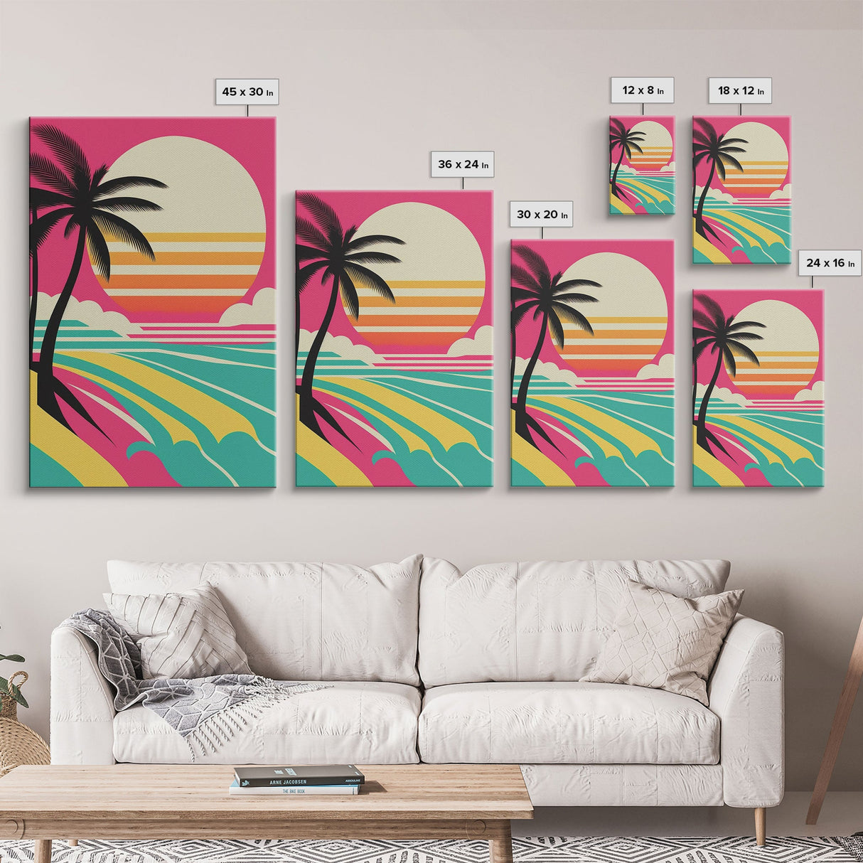 Framed Art Deco Canvas Print - Sunset Beach Scene, Minimalist Palms, Retro Style - Pink and Turquoise Vaporwave Art