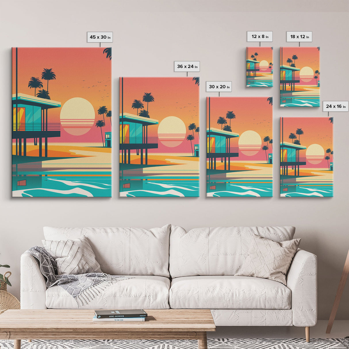 Art Deco Sunset Beach Canvas Print, Minimalist Retro Palmtree Vibe, Vaporwave Art, 80s Retro Vibes, Miami Inspired Art