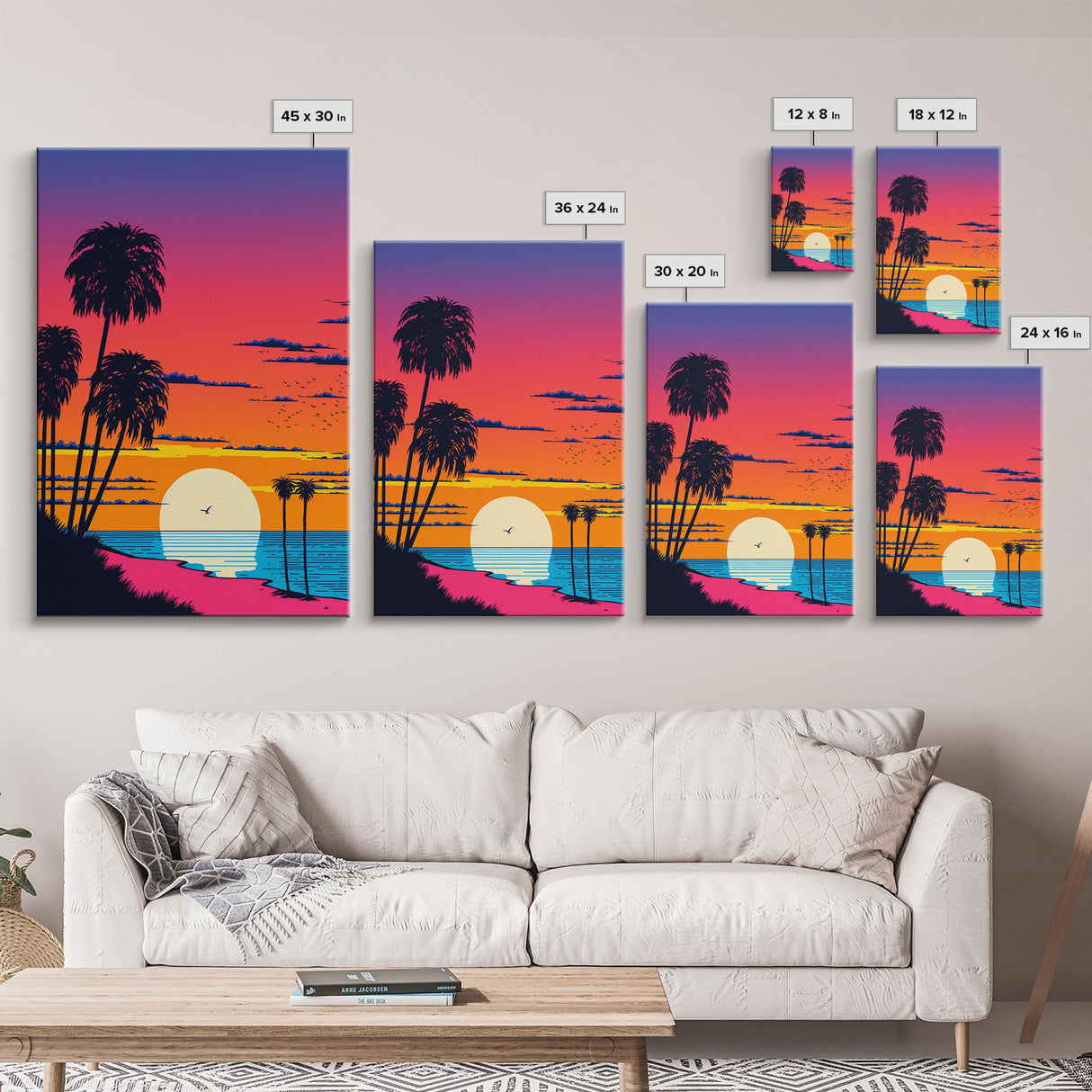 Framed Canvas Print - Art Deco Sunset, Beaches, Minimalist, Palmtrees, Retro Style, Synthwave, Vaporwave, 80s Style Decor, Palme Trees