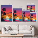 Framed Canvas Print - Art Deco Sunset, Beaches, Minimalist, Palmtrees, Retro Style, Synthwave, Vaporwave, 80s Style Decor, Palme Trees