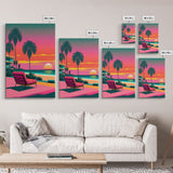 Framed Canvas Print – Art Deco Sunset Beach, Minimalist, Retro, Palm Trees, Synthwave, Vaporwave, Island Vibes, Lounging, Synthwave Deco