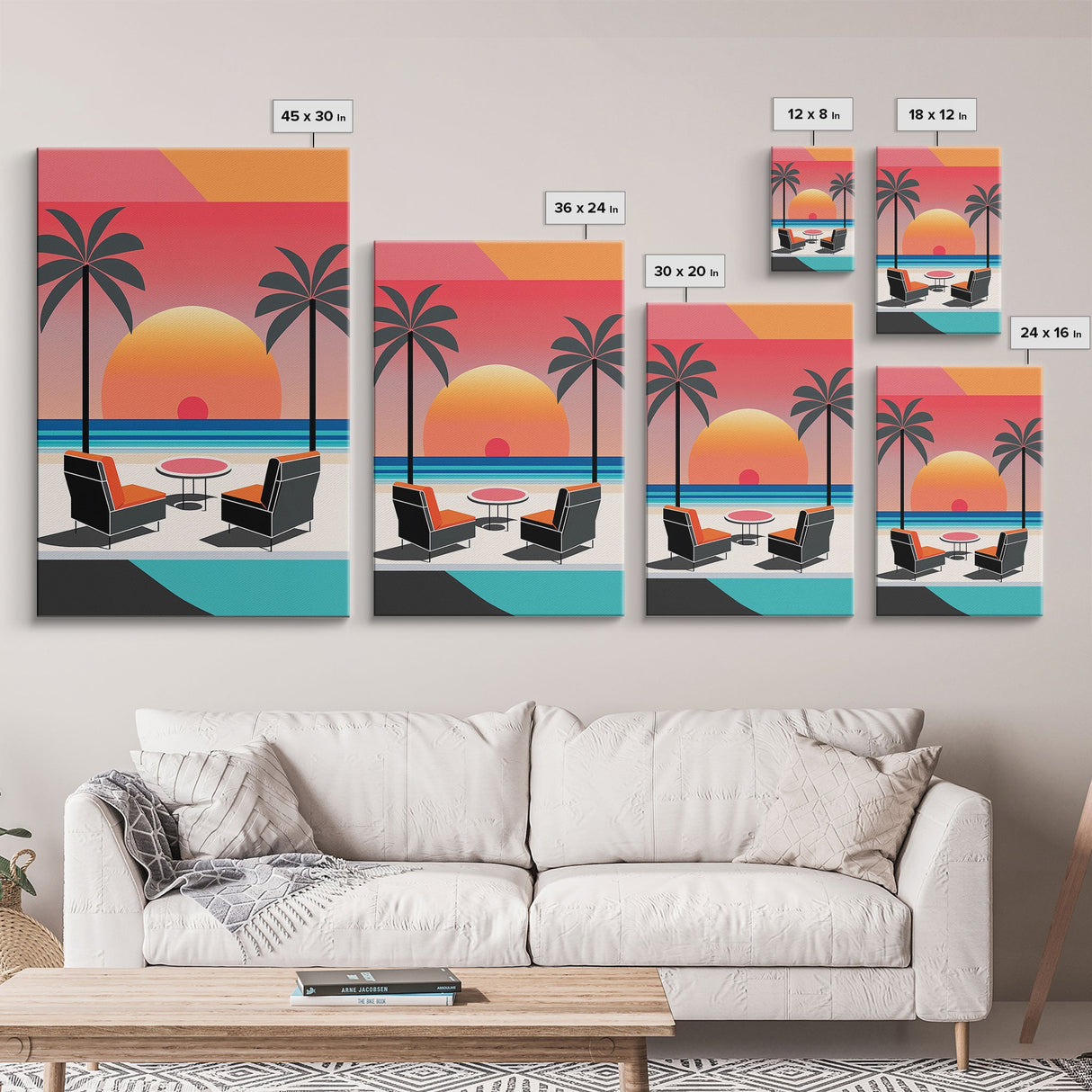 Framed Canvas Print - Art Deco Sunset, Minimalist Beach, Palm Trees, Retro Style, Synthwave, Vaporwave, Minimalist Abstract Decor