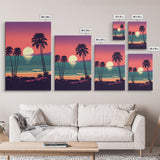 Framed Canvas Print - Art Deco Sunset, Palm Trees, Synthwave Vibes, Beach Decor, Vaporwave Pink Art, Miami Vibes