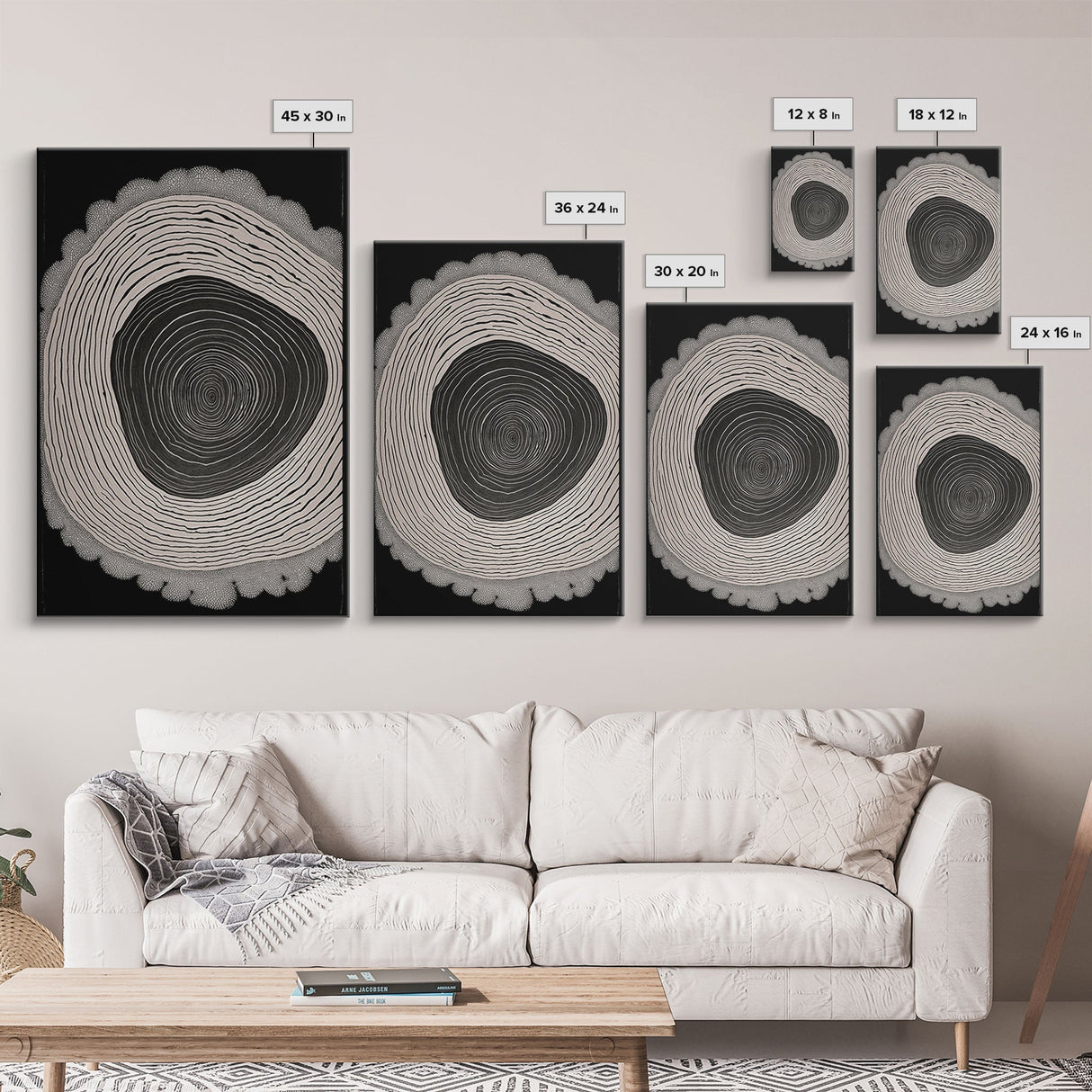 Framed Canvas Print Wall Art,  Grunge Forest Tree Rings, Abstract Illustrations, Modern Art, Nordic Decor for Bedroom, Tree Cross Section