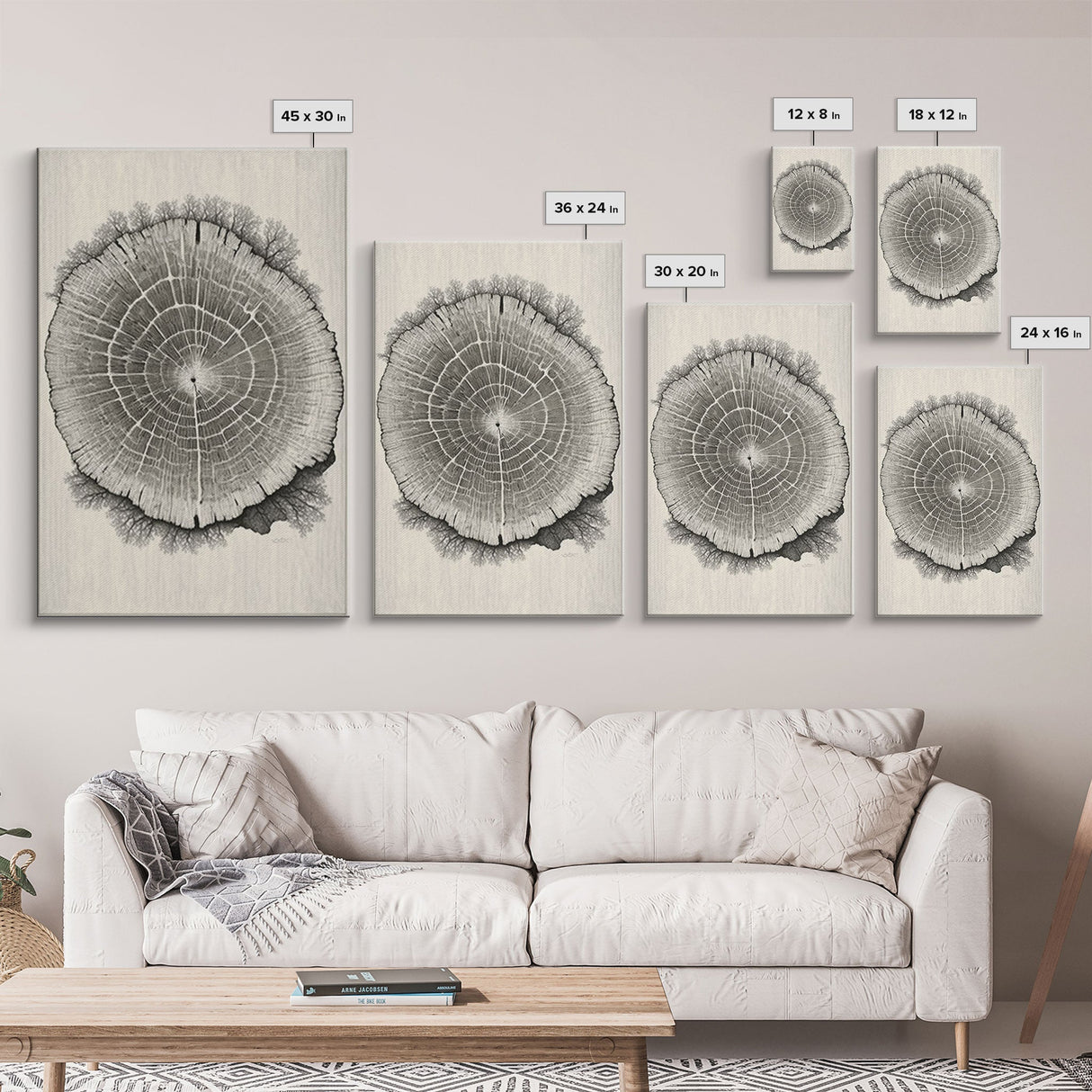 Framed Canvas Print Wall Art,  Grunge Forest Tree Rings, Abstract Illustrations, Modern Art, Nordic Decor for Bedroom, Tree Cross Section