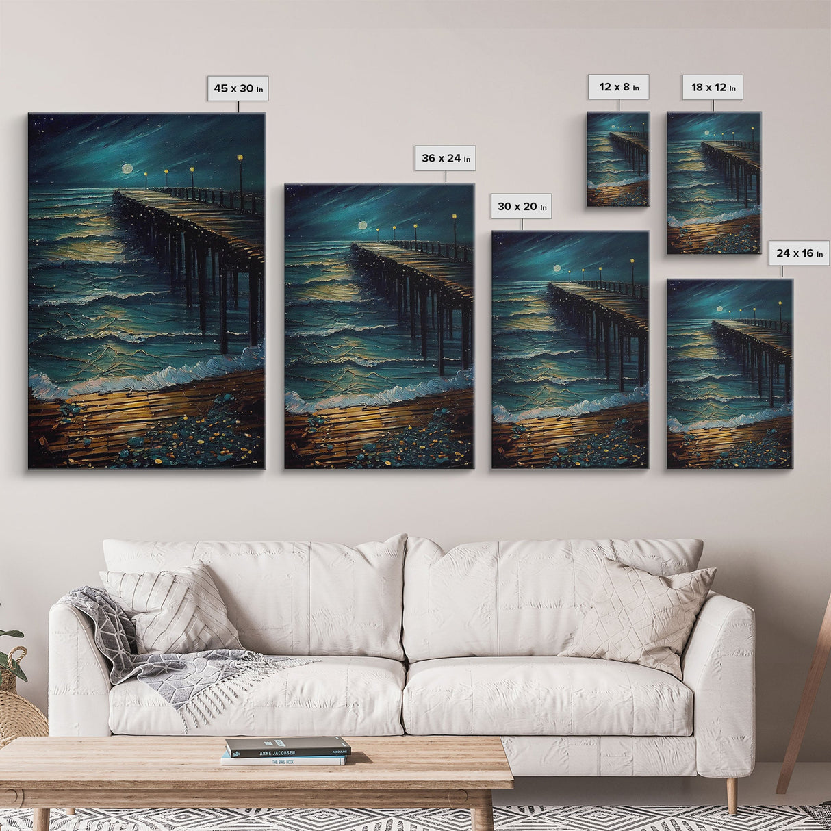 Van Gogh Starry Night Inspired, The Beach Boardwalk at Midnight, Framed Canvas Print, Unique Wall Art, Canvas Art, Living Room Decor