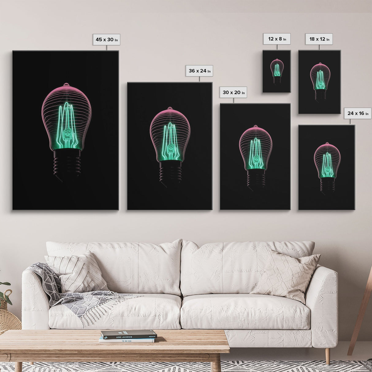 3D Light Bulb Wall Art, Neon Lights Art, Teal, Pink, Minimalist Print, Wall Decor, Canvas Print, Wall Art, Framed Canvas