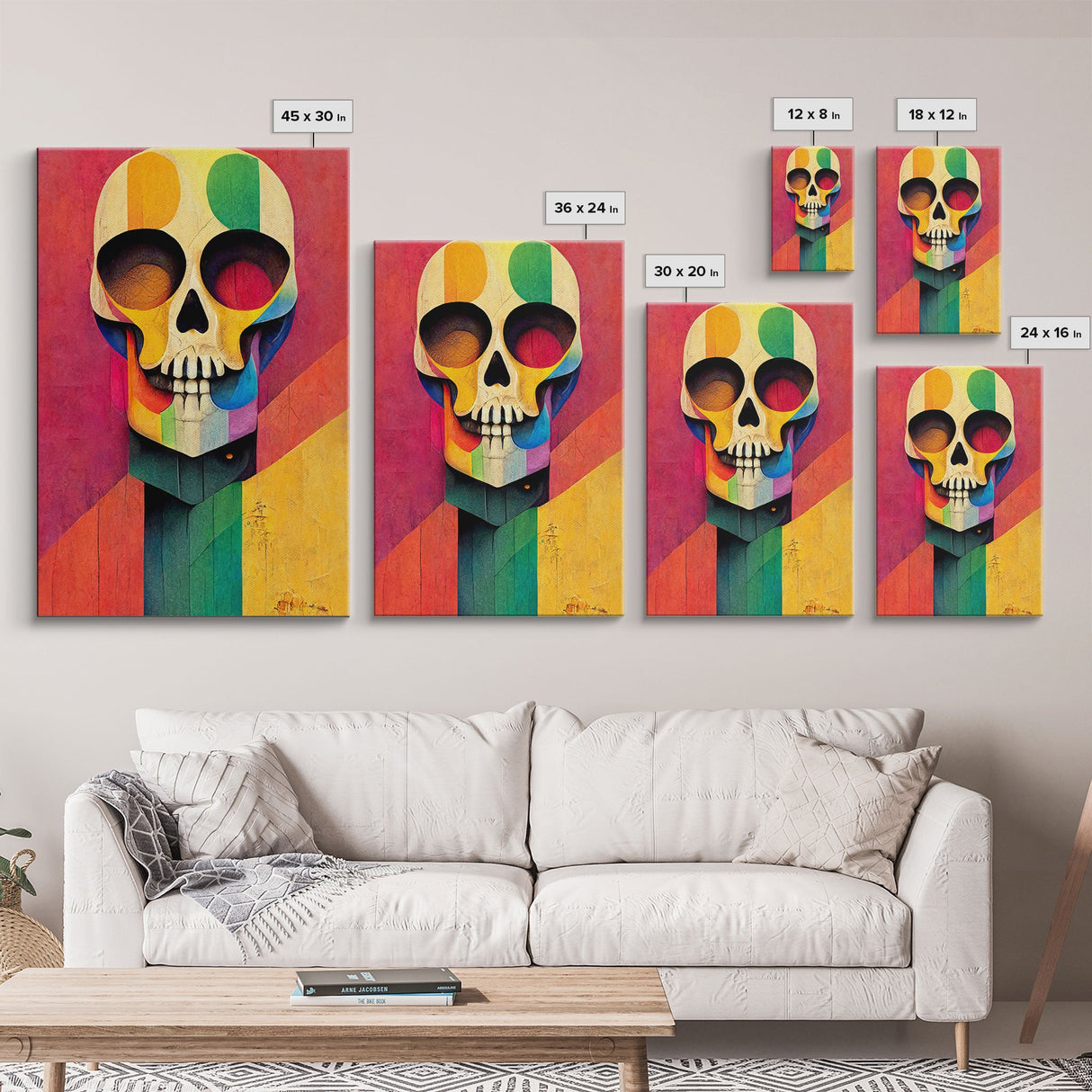 Cool Skull art, canvas print, sugar skull wall decor, skeleton face painting, abstract art deco style Halloween art