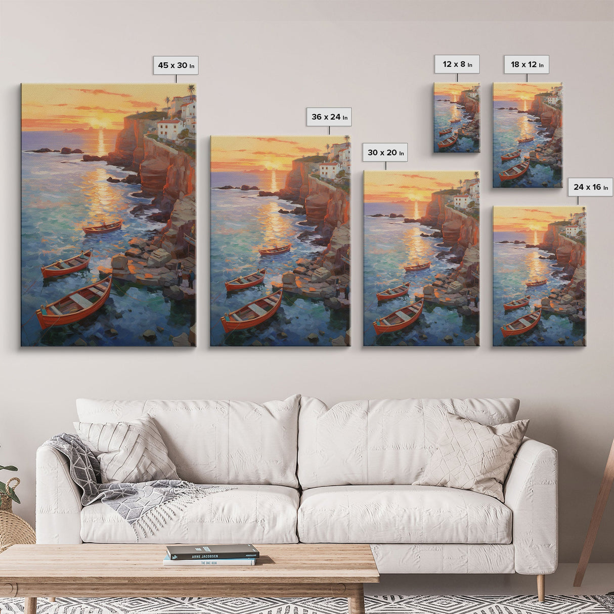 Seaside Town, Boat Wall Art, Ocean Print, Sunset Wall Art, Canvas Print, Wall Art, Vertical Art, Watercolor Art, Couple Gift, Travel Print