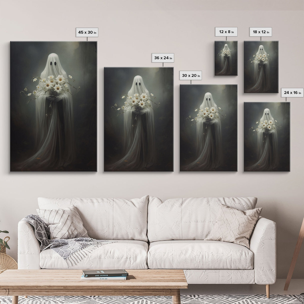 The Ghost With The Flowers, Gothic Halloween Decor, Framed Canvas Print, Scary Horror Art, Goth Decor, Moody Oil Painting, Dark Academia