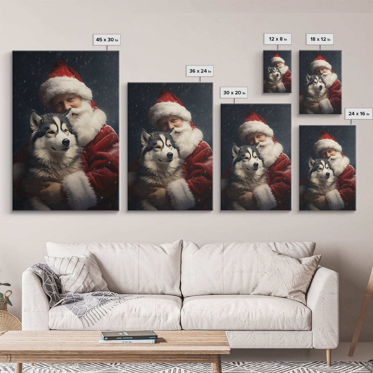 Santa Holding A Siberian Husky, Framed Canvas Print, Christmas Wall Art, Xmas Art, Christmas Art Print, Santa Decor, Farmhouse Christmas